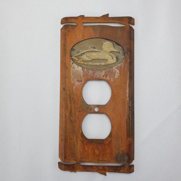 Vintage Stone Duck Motif Double Outlet Cover Plate Rustic Metal Cabin Decor - Picture 2 of 10